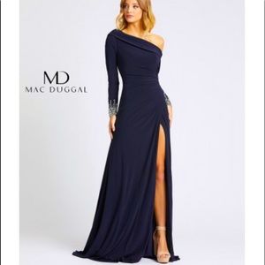 Mac Duggal Navy One-Shoulder Asymmetrical Gown with Crystal Cuffs